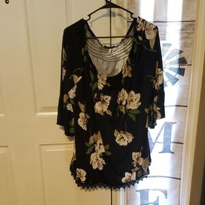 Cato Black Floral Lace-Trim Blouse